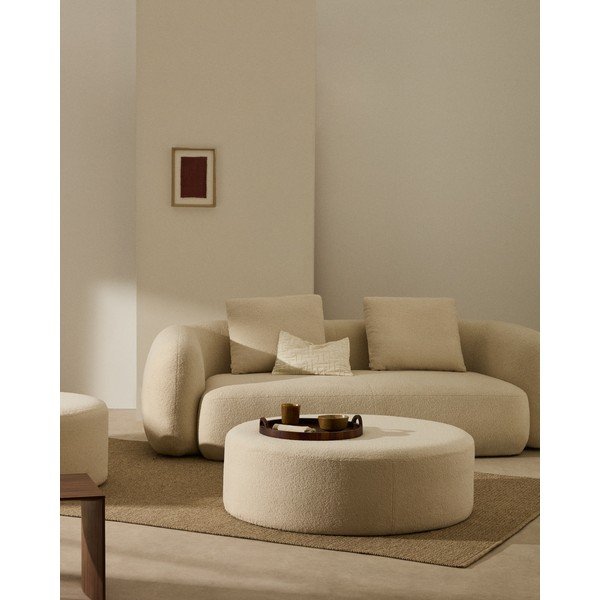 Krēmkrāsas pufs no buklē auduma Kaeli – Kave Home-image-1