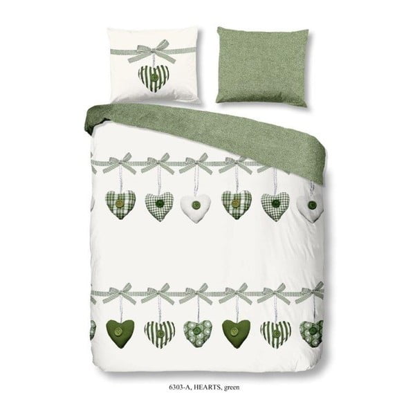 Zaļa un balta kokvilnas divvietīga gultasveļa Good Morning Hearts, 200 x 240 cm
