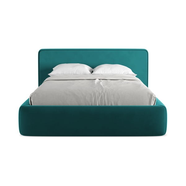 Tirkīzzila polsterēta divvietīga gulta ar veļas kasti un redelēm 180x200 cm Kiana – Makamii-image-4