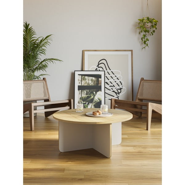 Krēmkrāsas/dabīga toņa apaļš žurnālgaldiņš ar ozolkoka imitācijas galda virsmu ø 80 cm Hillary – Marckeric-image-1