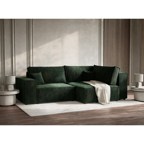 Tumši zaļš salokāms stūra dīvāns no šenila auduma ar uzglabāšanas vietu (ar labo stūri/L veida) Tonga – Maison de Rêve-image-1