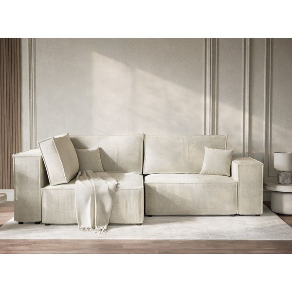 Krēmkrāsas salokāms stūra dīvāns no šenila auduma ar uzglabāšanas vietu (ar kreiso stūri/L veida) Tonga – Maison de Rêve-image-1