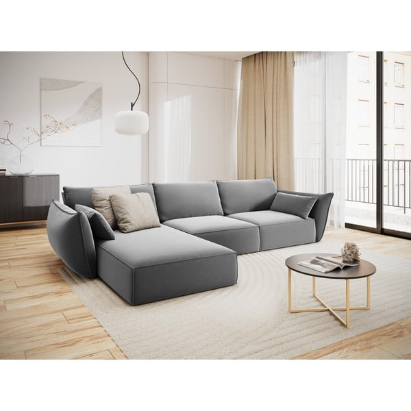 Gaiši pelēks samta stūra dīvāns (ar kreiso stūri/ar zvilni) Vanda – Mazzini Sofas-image-1