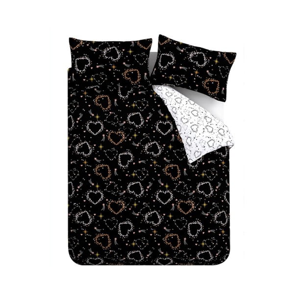 Melnbalta divguļamā gultas veļa 200x200 cm Cosmic Hearts and Stars – Catherine Lansfield-image-2