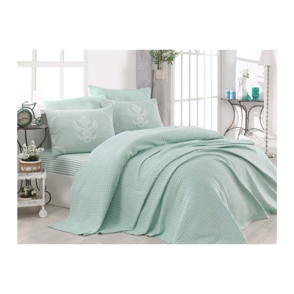 Gaiši zaļš kokvilnas gultas pārklājs, palags un 2 spilvendrānas divguļamai gultai Turro Mint, 200 x 235 cm
