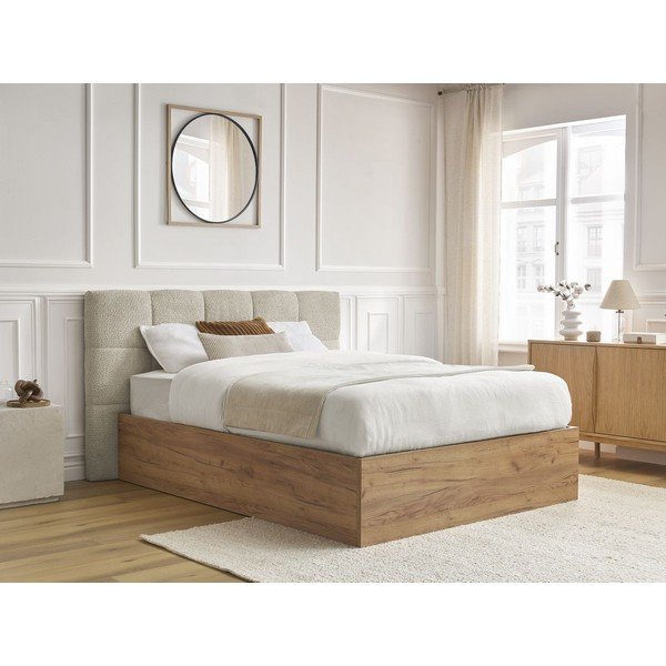 Bēša polsterēta polsterēta/no skaidu plāksnēm divvietīga gulta ar veļas kasti ar redelēm 160x200 cm Kumo – Bobochic Paris-image-2
