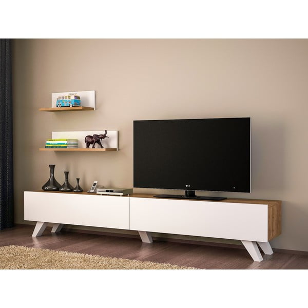Balts/dabīga toņa TV plauktu komplekts ar riekstkoka imitāciju 60x14,5 cm Amerika – Kalune Design-image-1