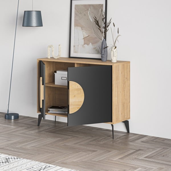 Melna/dabīga toņa zema kumode ar ozolkoka imitāciju 110x82 cm Vae – Marckeric-image-4