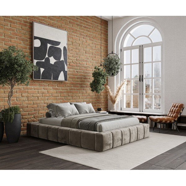 Bēša polsterēta divvietīga gulta ar veļas kasti un redelēm 200x200 cm Aruba L – Maison de Rêve-image-1