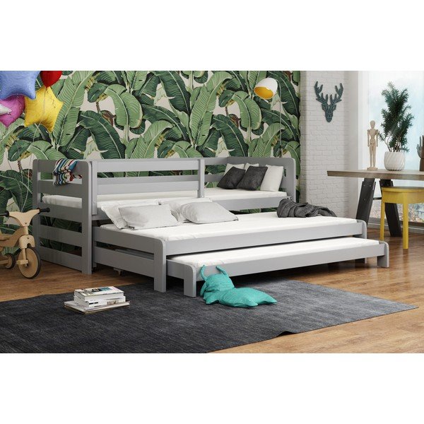 Pelēka bērnu gulta no priedes koka ar izvelkamu gultu 80x200 cm Rico – Lano Meble-image-1
