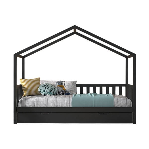 Antracīta pelēka priedes masīvkoka bērnu gulta mājas formā/izvelkama ar veļas kasti 90x200 cm DALLAS – Vipack