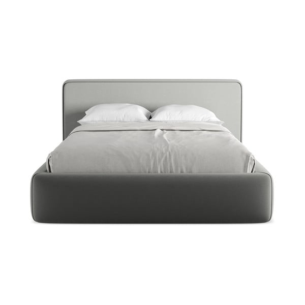 Pelēka polsterēta divvietīga gulta ar veļas kasti un redelēm 140x200 cm Kiana – Makamii-image-4