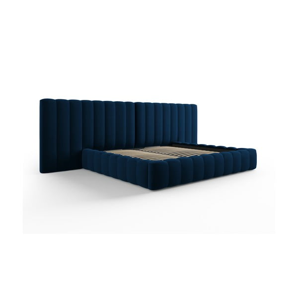 Tumši zila polsterēta divvietīga gulta ar veļas kasti un režģi 200x200 cm Gina – Milo Casa