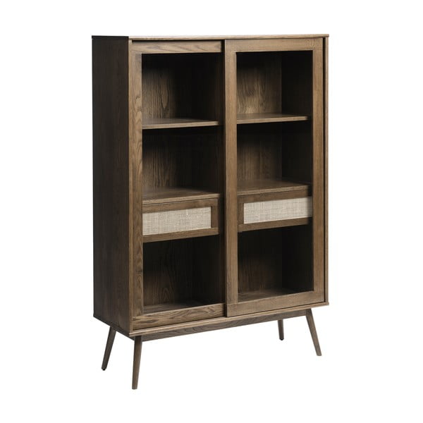 Tumši brūna vitrīna ar ozolkoka imitāciju un bīdāmām durvīm 110x160 cm Barrali – Unique Furniture-image-2