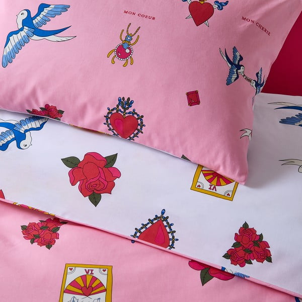 Balta/rozā vienguļamā kokvilnas gultas veļa 135x200 cm Mon Coeur – Their Nibs-image-4