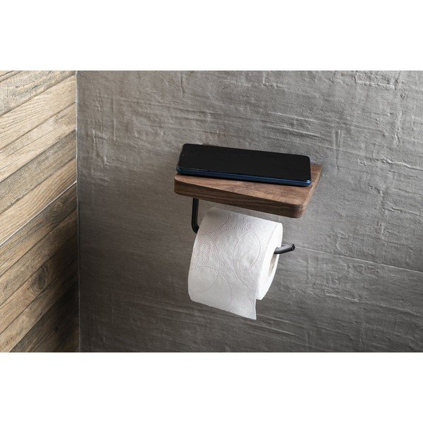 Brūns koka sienas tualetes papīra turētājs ar plauktu – Sapho-image-2