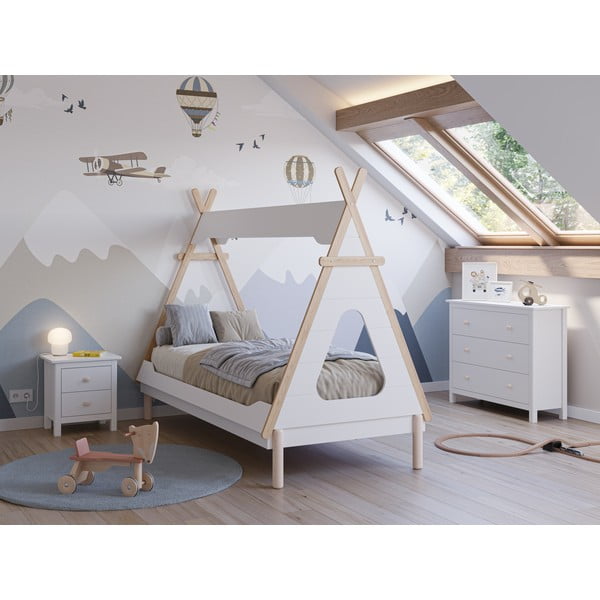 Balta priedes masīvkoka bērnu gulta mājas formā 90x190 cm Nora – Marckeric-image-1