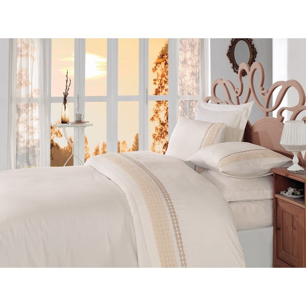 Kokvilnas satīna gultasveļa ar palagu divguļamai gultai Gold Ecru, 200 x 220 cm