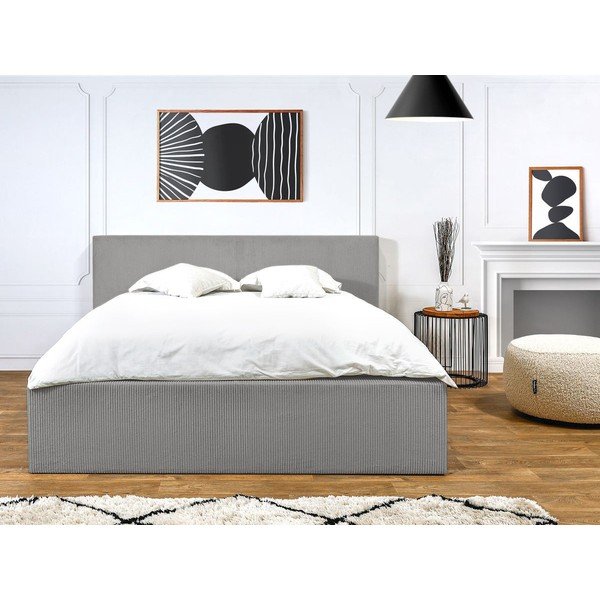 Gaiši pelēka polsterēta divvietīga gulta ar veļas kasti ar redelēm 160x200 cm Nihad – Bobochic Paris-image-2