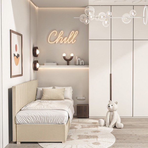 Bēša bērnu gulta ar veļas kasti ar matraci 90x200 cm Chill – Ghado-image-1