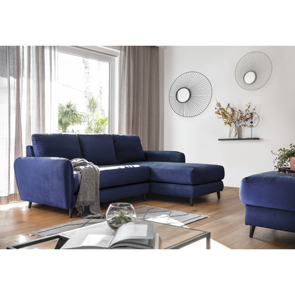 Tumši zils samta stūra dīvāns ar kāju soliņu Miuform Cozy Claire, labais stūris-image-4