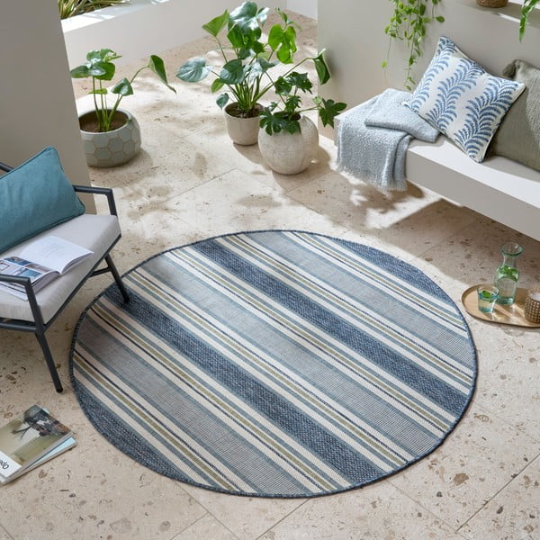 Zilganzaļš apaļš iekštelpu un āra paklājs ø 160 cm Roma Stripe – Flair Rugs-image-1