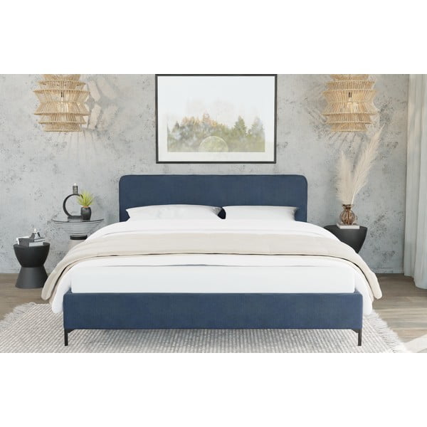 Tumši zila polsterēta divvietīga gulta ar redelēm 160x200 cm Barker – Ropez-image-3