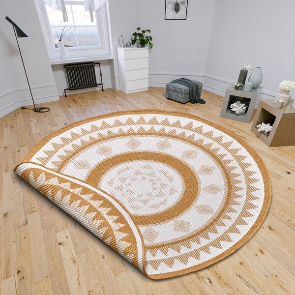 Okera dzeltens/balts apaļš āra paklājs ø 140 cm Jamaica – NORTHRUGS-image-1