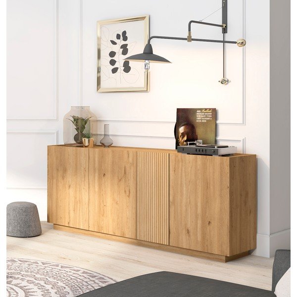 Dabīga toņa zema kumode ar ozolkoka imitāciju 181x78 cm Rayana – Marckeric-image-1