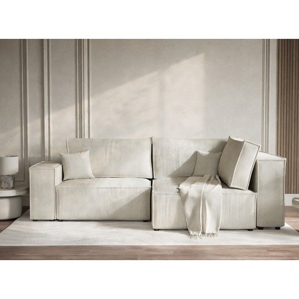 Krēmkrāsas velveta salokāms stūra dīvāns ar uzglabāšanas vietu (ar labo stūri/L veida) Tonga – Maison de Rêve-image-1