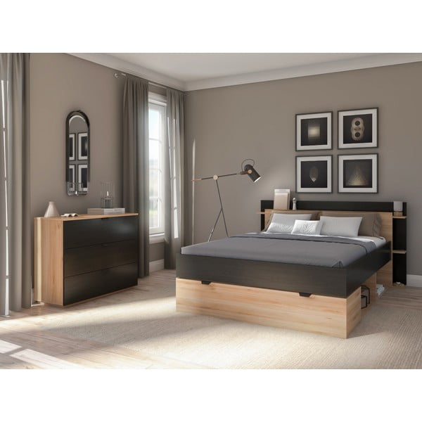 Melna/dabīga toņa kumode ar ozolkoka imitāciju 100x80x40 cm Dennis – Marckeric-image-1