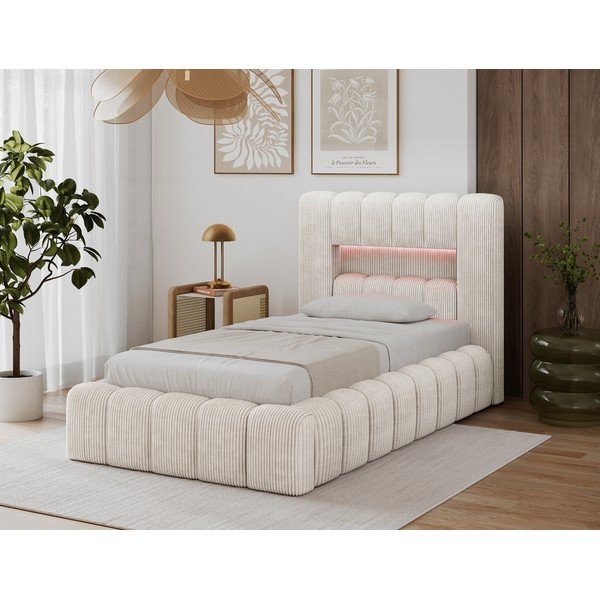 Bēša polsterēta vienvietīga gulta ar veļas kasti ar redelēm 90x200 cm Lamica – ELTAP-image-1