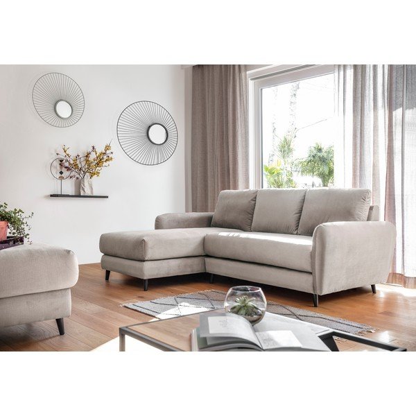 Bēšs samta stūra dīvāns ar kāju soliņu Miuform Cozy Claire, kreisais stūris-image-3