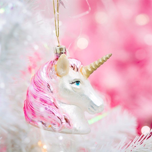 Stikla ar rokām izgatavots Ziemassvētku eglītes rotājums 9 cm Pink Shimmer Unicorn – Sass & Belle-image-1