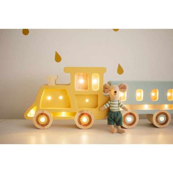 Dzelteni zila galda lampa no priedes koka Little Lights Train, platums 58 cm-image-2