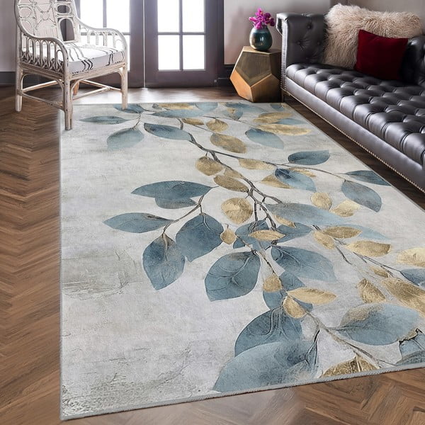 Gaiši zils/zelta krāsas mazgājams paklājs 160x230 cm Golden Leaves – Mila Home-image-3