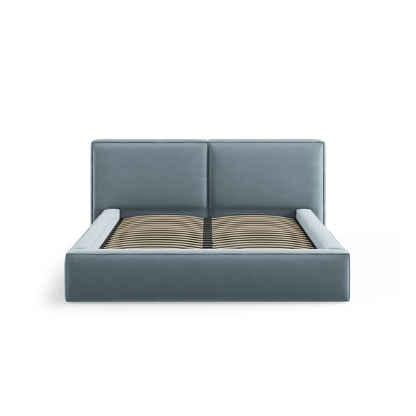 Gaiši zila samta polsterēta divvietīga gulta ar veļas kasti un redelēm 180x200 cm Arendal – Cosmopolitan Design-image-3