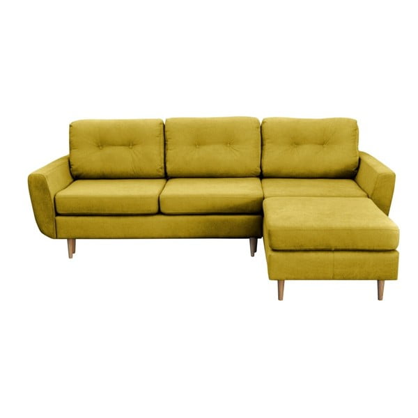 Sinepju dzeltens trīsvietīgs izlaižams stūra dīvāns ar gaišām kājām Mazzini Sofas Tulipe, labais stūris