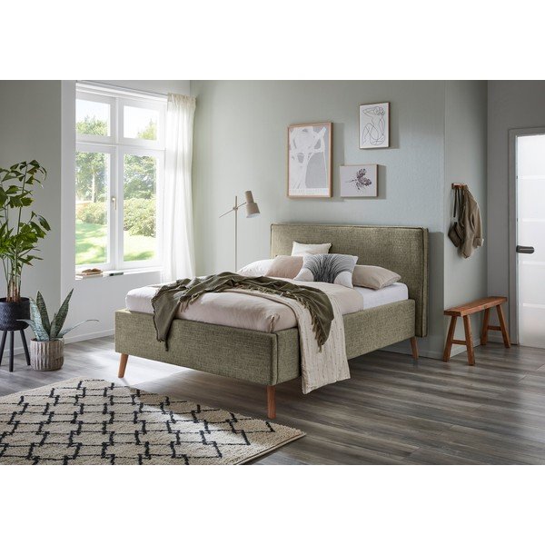 Tumši zaļa polsterēta divvietīga gulta ar veļas kasti ar redelēm 140x200 cm Riva – Meise Möbel-image-1