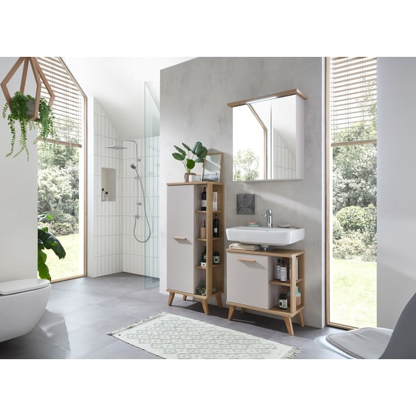 Krēmkrāsas augsts vannas istabas skapis ar ozolkoka imitāciju 50,5x128 cm Quickset 966 – Pelipal-image-3