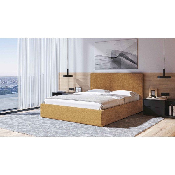 Okera dzeltena polsterēta divvietīga gulta ar veļas kasti un redelēm 160x200 cm Bufo – MESONICA-image-1
