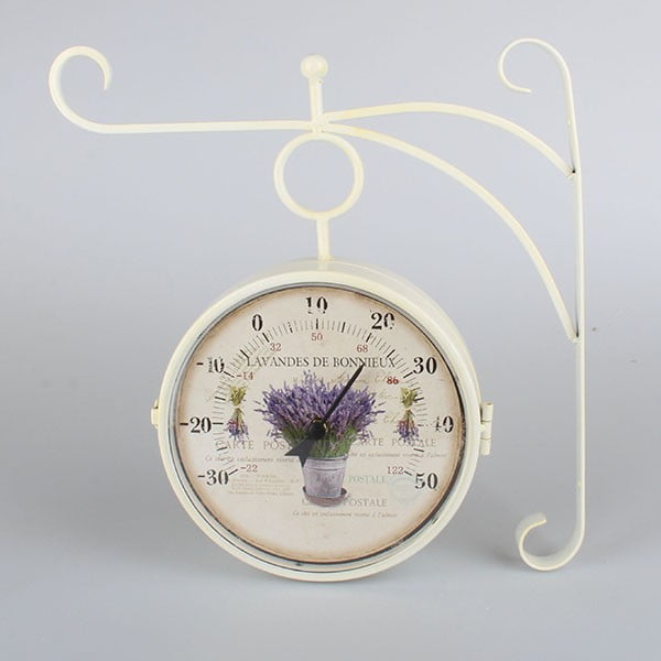 Balts metāla sienas pulkstenis ar termometru Dakls Lavender