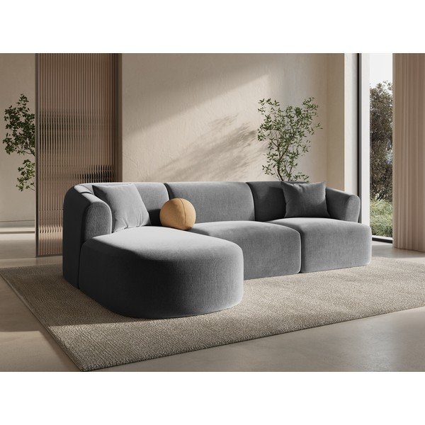 Gaiši pelēks samta stūra dīvāns (ar kreiso stūri/ar zvilni) Campi – Cosmopolitan Design-image-1