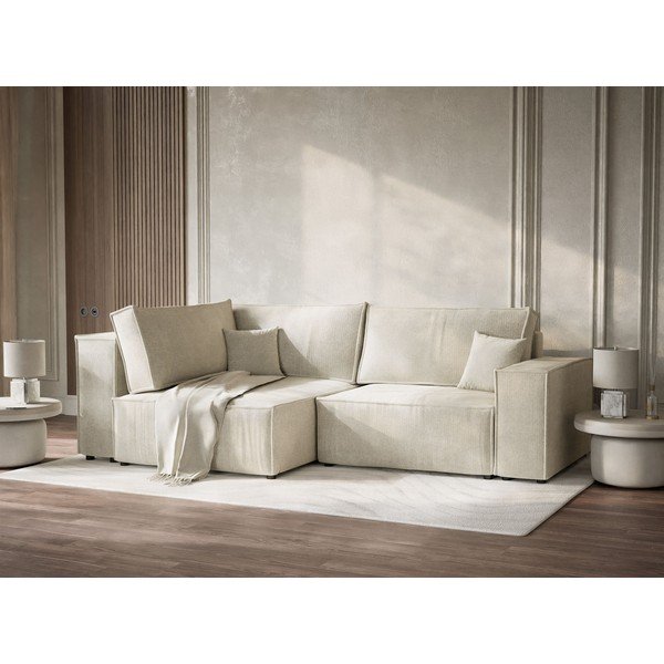 Krēmkrāsas salokāms stūra dīvāns no šenila auduma ar uzglabāšanas vietu (ar kreiso stūri/L veida) Tonga – Maison de Rêve-image-4