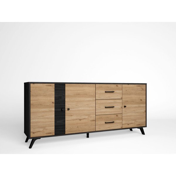 Melna/dabīga toņa zema kumode ar ozolkoka imitāciju 181x81 cm Bocami – Marckeric-image-2