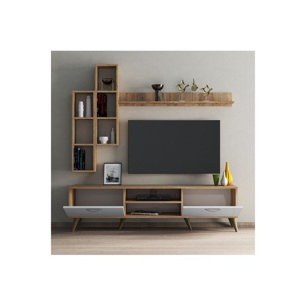Balts/dabīga toņa TV plauktu komplekts ar priedes koka imitāciju 180x48 cm Veronica – Kalune Design-image-3