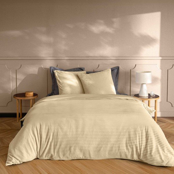 Bēša divguļamā/īpaši gara trīsdaļīga flaneļa gultas veļa 240x220 cm Veloutea – douceur d'intérieur-image-1