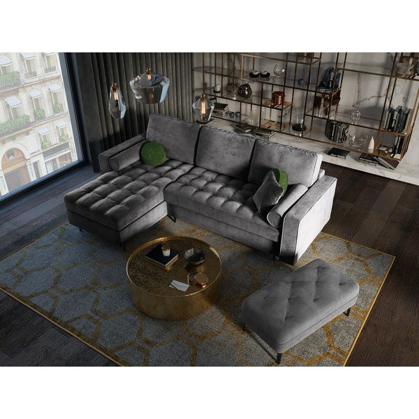 Tumši pelēks samta izvelkamais stūra dīvāns ar veļas kasti Milo Casa Santo, kreisais stūris-image-1