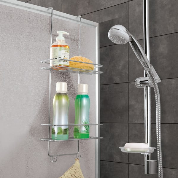 Spīdīgas sudraba krāsas tērauda piekarināms vannas istabas plaukts ar uzstādīšanu bez urbšanas Luxy – Metaltex-image-1