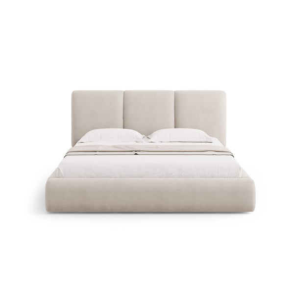 Bēša polsterēta divvietīga gulta ar veļas kasti un redelēm 140x200 cm Brody – Mazzini Beds-image-3